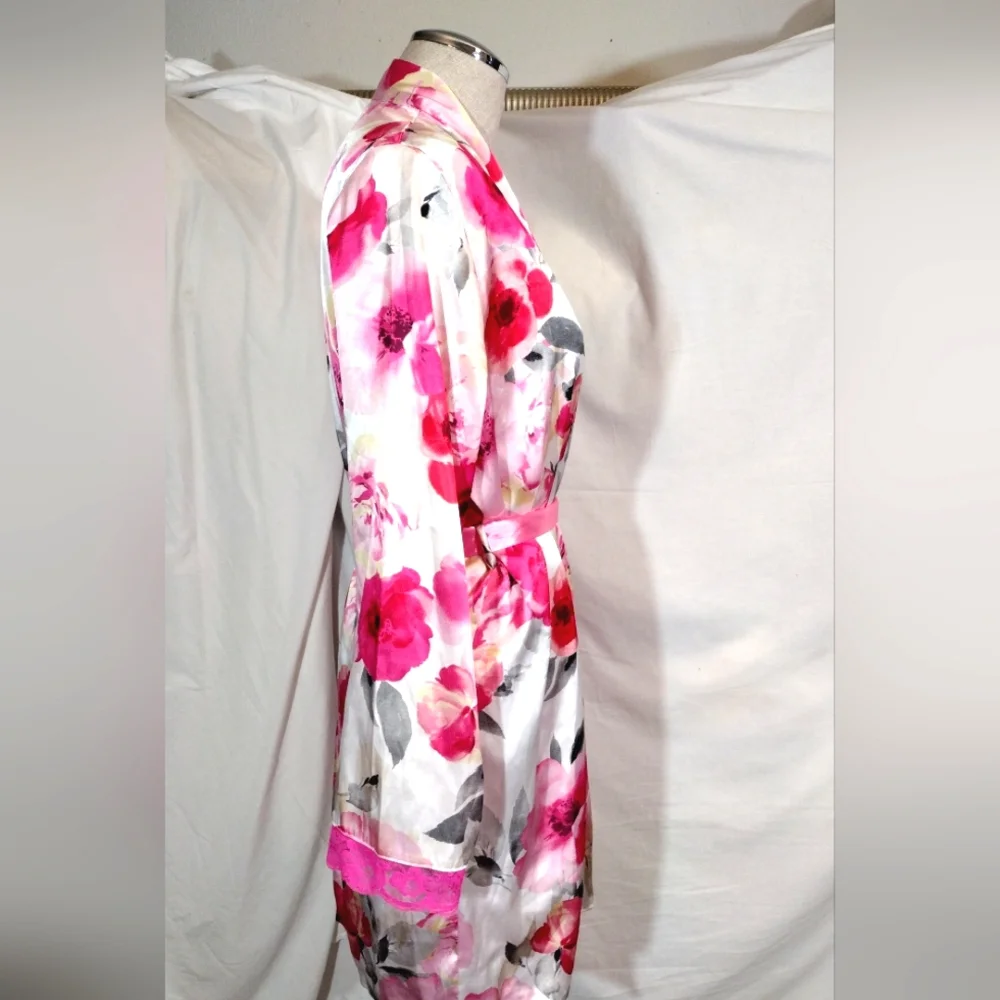 2Pc:Rose Satin Robe+Slip: Floral Pinks & White, Satin+ Lace, Tie, Straps, M - Picture 8 of 16